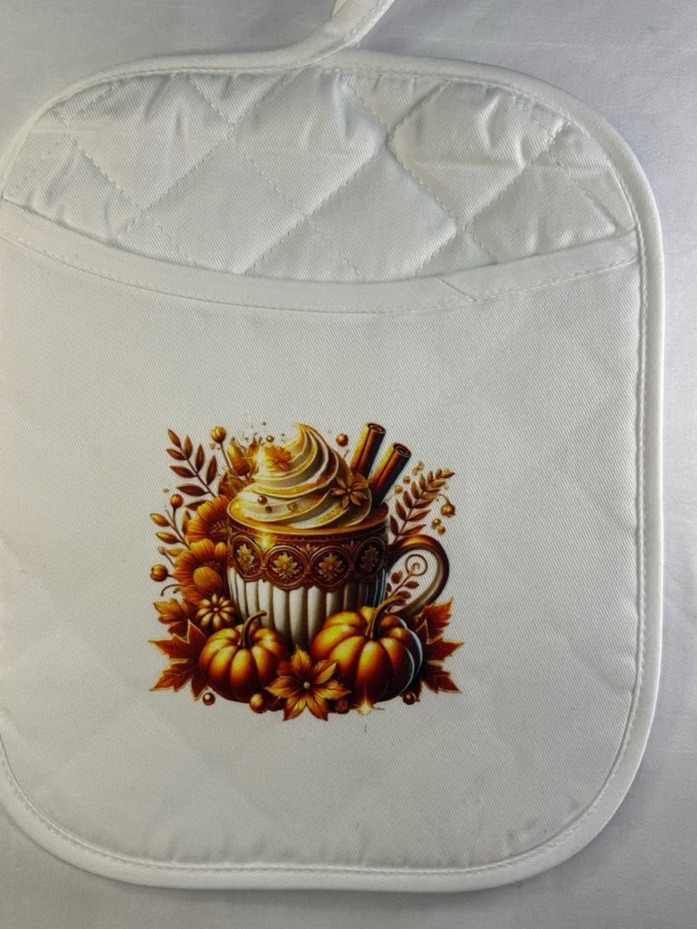Autumn Pumpkin Spice Mug Quilted Potholder - White